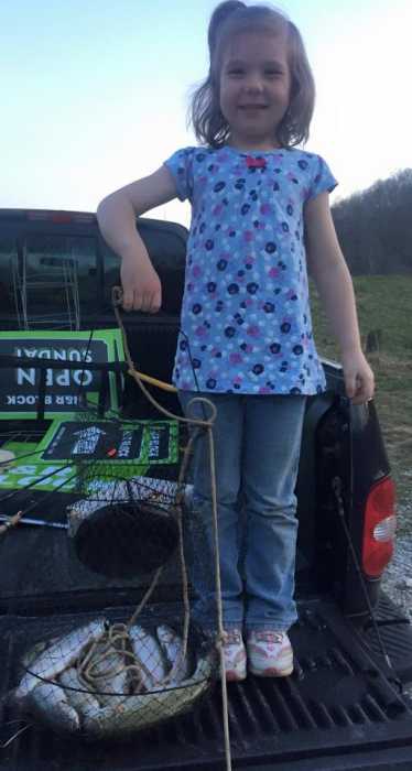 This is Lexie, age 5. She and her sister caught their daily limit of trout at Miller's Fork Pond in Wayne County, West Virginia. Date March 25